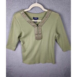 CB Casual Blouse Top Womens Small Green Gold Studded Neckline V-Neck Cotton